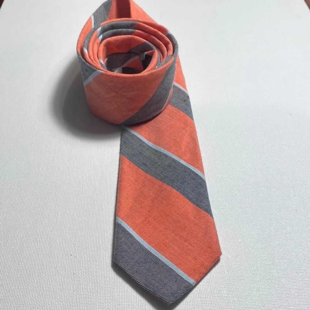 J. Crew Orange and Gray Striped Linen/Cotton Tie